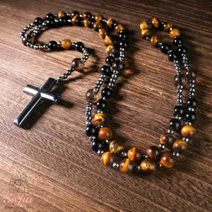 Protection Rosary Necklace Hematite Cross Charm Necklace Obsidian Tiger's Eye Hematite Cross Pendant Amulet