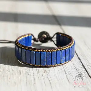 Sofia Blue Lapis Stone Tube Bracelet Lapis Lazuli Gemstone Braided Boho Style Adjustable for Daily Use High
