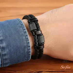 Men's Leather Braided Bracelet Titanium Steel Bangle Multilayer Braided Wristband Boho Style Magnetic Closure